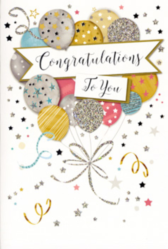 The card in this image presents a refined scene of celebration, thoughtfully composed like a carefully balanced bouquet one might send across Blackfriars to mark a proud milestone. A central cluster of balloons rises gracefully from the lower portion of the design, each balloon perfectly rounded and rendered in tones of brushed gold, shimmering silver, champagne beige, sky blue and soft pink. Their surfaces are adorned with delicate metallic patterns: some with drifting stars, others with scattered glitter, and a few with slender vertical or diagonal stripes, echoing the twinkle of city lights along the Thames as dusk settles over Blackfriars Bridge. The balloons appear weightless yet anchored, gathered by a neat bundle of gold and silver ribbons that twist downward in looping curls, similar to the trailing stems and foliage a florist lets fall from a celebratory arrangement. Around this focal bouquet, the designer has sprinkled fine stars, confetti-like dots and curly ribbon motifs, which float against a soft, neutral background, creating the impression of a party frozen in a perfect moment. Cutting across the centre of the balloons is a gently curved banner, bearing the message 'Congratulations To You' in stylish, flowing calligraphy that looks slightly raised, as if embossed. Highlights of glitter and glossy ink give the design a tactile richness, much like the contrast between velvet petals and glossy leaves in a fresh bouquet delivered locally. The mood of the card is joyous yet tasteful, suitable for congratulating someone on a promotion in a nearby office, celebrating a qualification achieved after late nights of study, or marking any personal success for friends and family living or working around the Blackfriars area.