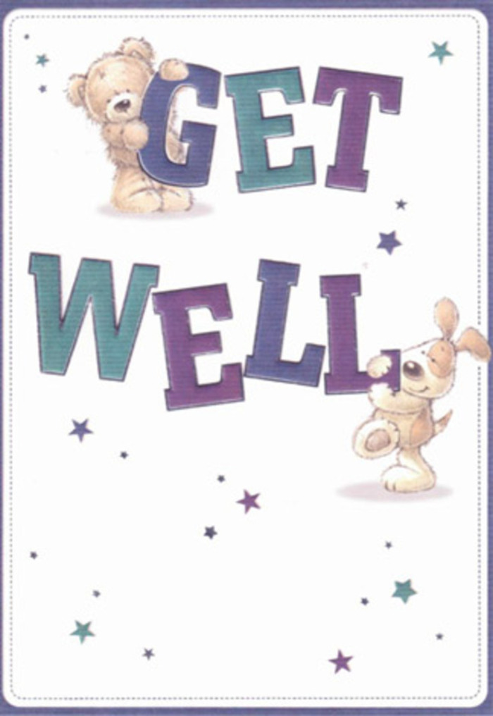Brimming with gentle encouragement, this locally inspired get well card brings to mind the close-knit community of Blackfriars, where each kind word is as carefully placed as a bloom in an artisanal bouquet. The illustration pairs a friendly bear-plump, honey-brown, its fur textured like soft chenille-with a playful puppy, whose ears tumble in velvet arcs, both poised among purple and turquoise stars. Each character seems ready to leap from the page, balancing bold, shaded letters that spell out 'Get Well'-their confidence reminiscent of the proud flower arrangements seen in shopfronts near Blackfriars Road. The card's background, a pristine white, lends an airy purity that offers a sense of renewal. There's a tactile allure to every detail: the bear's fuzzy warmth, the puppy's inviting softness, the energetic scatter of whimsical stars. Imagining this card paired with a fresh arrangement hand-delivered to a hospital or riverside flat, one feels a combined wave of cheer and reassurance, each brushstroke and letter crafted to gently lift the spirit and nurture hope within the Blackfriars community.