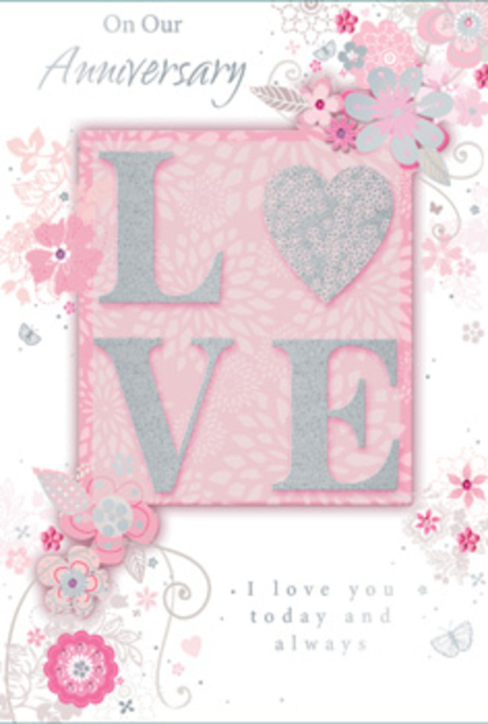The anniversary card in this image feels like a hand-tied bouquet translated into paper, with every detail carefully placed, as if arranged by a Blackfriars florist who understands both flowers and feelings. The main focus is the word LOVE, positioned slightly above centre and crafted from raised letters dusted with soft, opalescent glitter. The texture looks invitingly touchable, as though fingers are meant to linger there, tracing out each letter in a private ritual of affection. This central word rests on a blush-pink field that glows gently, the colour deep enough to feel romantic yet pale enough to keep the design light and airy. Surrounding it, delicate floral illustrations sweep across the card in loose, flowing curves, reminiscent of graceful stems laid out on a workbench before being gathered into an arrangement. The flowers themselves are stylised rather than botanical, rendered in shades of blush, ivory, and light grey, with fine lines and subtle shading that give them dimension without heaviness. In some areas, silvery accents add a hint of shimmer, like streetlights reflected on the Thames as evening settles over Blackfriars. Between the floral sweeps are soft, open spaces where the pastel background shows through, creating a sense of calm and balance. Near the lower section, an anniversary message in elegant script completes the design, the lettering smooth and romantic, as though written on a card tucked into a bouquet delivered to a restaurant near Blackfriars Station for a surprise celebration. The overall mood is tender and timeless, capturing the feeling of love that has deepened gently over the years, much like familiar walks together along the river.