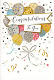 A beautifully designed congratulations card is pictured, its artwork as joyful and polished as a celebration bouquet arriving at a Blackfriars doorstep. At its heart floats a rounded bunch of balloons in an elegant palette of metallic gold, cool silver, pale champagne, powder blue and blush pink. Each balloon carries its own decorative character: some are sprinkled with tiny stars, others dusted with fine glitter, and a few patterned with slim, gleaming stripes, like festive reflections in the office windows around Blackfriars on a bright day. The balloons are gathered together by fine gold and silver ribbons that twist downward in relaxed coils, suggesting a gentle upward lift. Around them, the artist has scattered sparkling stars, curving streamers and a soft dusting of confetti across a light background, creating a sense of movement that hints at music, laughter and an atmosphere of congratulations. A graceful banner crosses the middle of the design, bearing the words 'Congratulations To You' in stylish, flowing script that appears slightly raised and glossy, inviting the touch of a fingertip. Subtle glitter highlights on the balloons, stars and ribbon swirls catch the light, giving the impression of texture and depth, much like the shimmering centres of fresh blooms in a hand-tied arrangement from a local florist. The overall feeling is warm, proud and celebratory, ideal for honouring achievements big or small, from promotions and exam results to new ventures. It is the sort of card one might tuck beside a bouquet delivered to an office reception or riverside flat in Blackfriars, transforming a simple message into a keepsake moment.